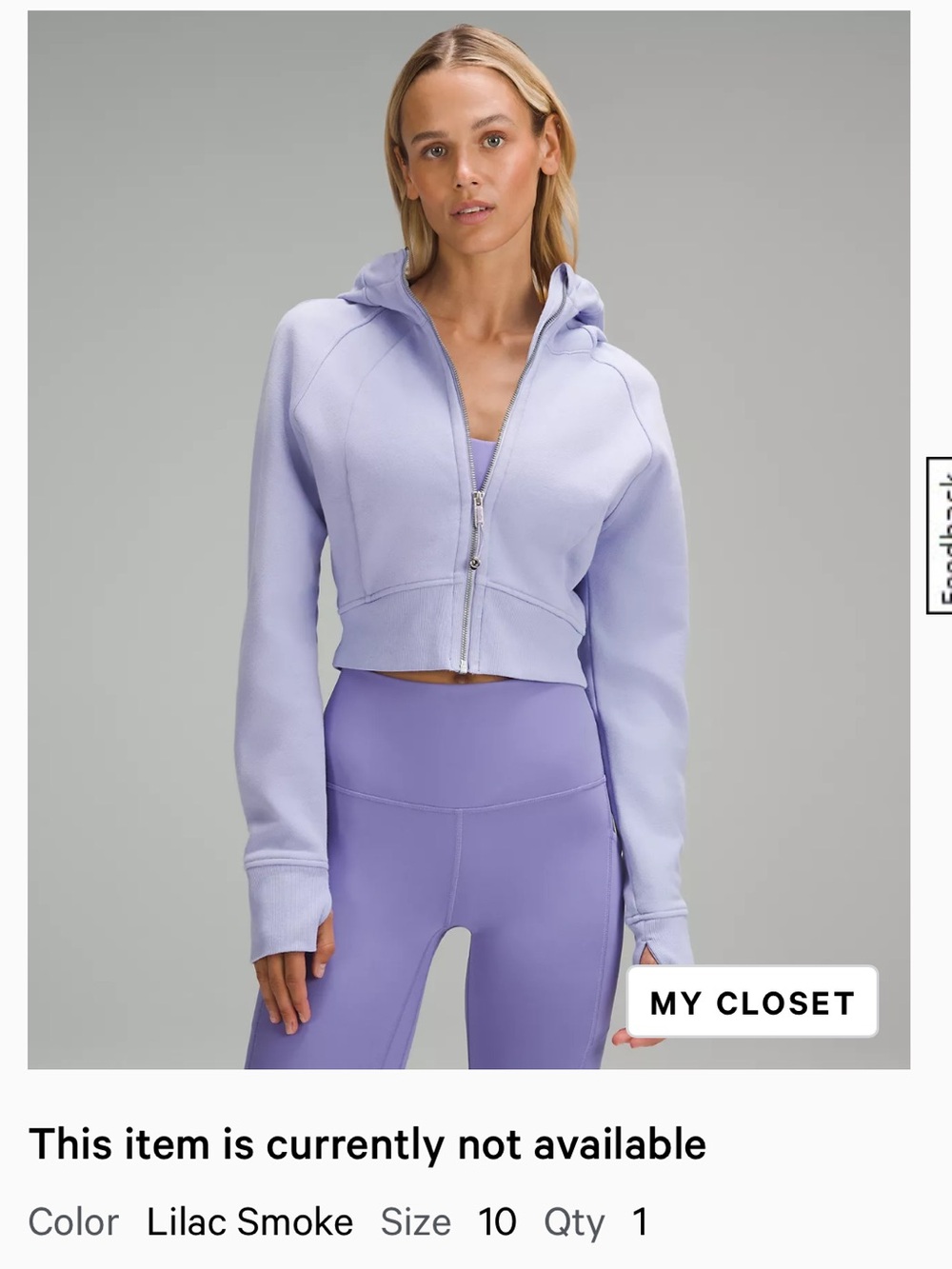 Lululemon lilac smoke cropped scuba full zip jacket sz 10